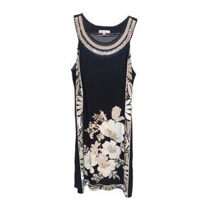 Sandra Darren Sleeveless Black Beaded Neck Floral Dress Size 14 Classic Asian
